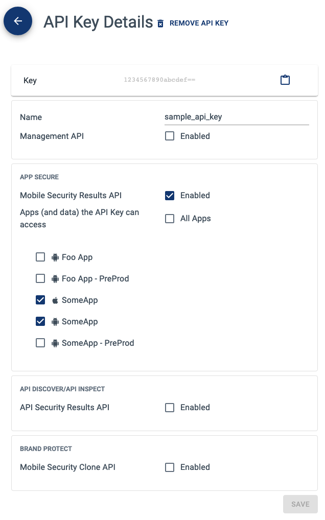 Example of an API key that has access to just a few mobile apps